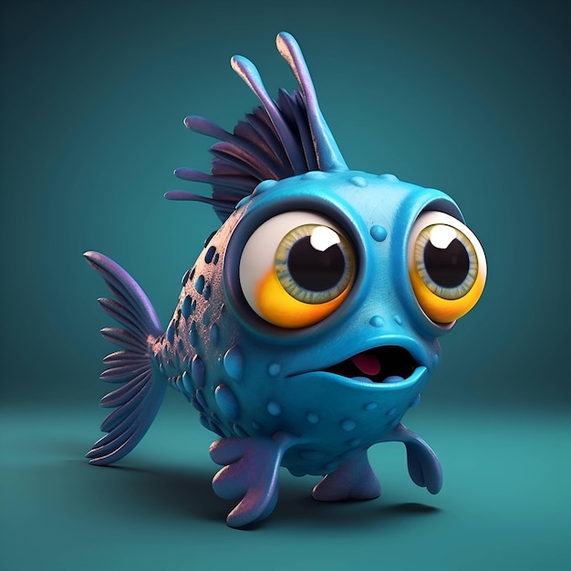 Cartoon vis met grote ogen op blauwe achtergrond 3d illustratie