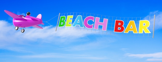 Foto cartoon vliegtuigen met beach bar banner. 3d-rendering