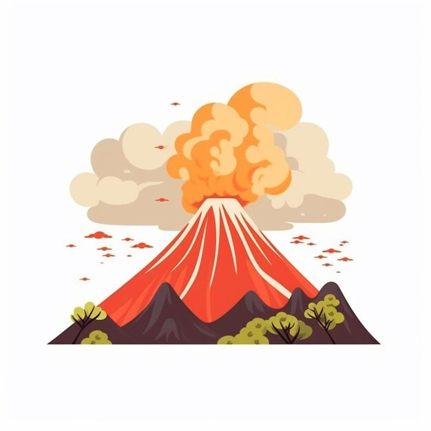 Foto un vulcano di cartoni animati con una nuvola di fumo e alberi generativi ai