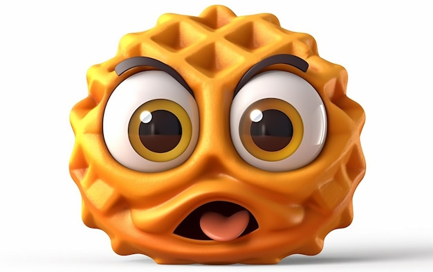 A cartoon waffle with eyes and a yellow face with eyes and a big smile on it.