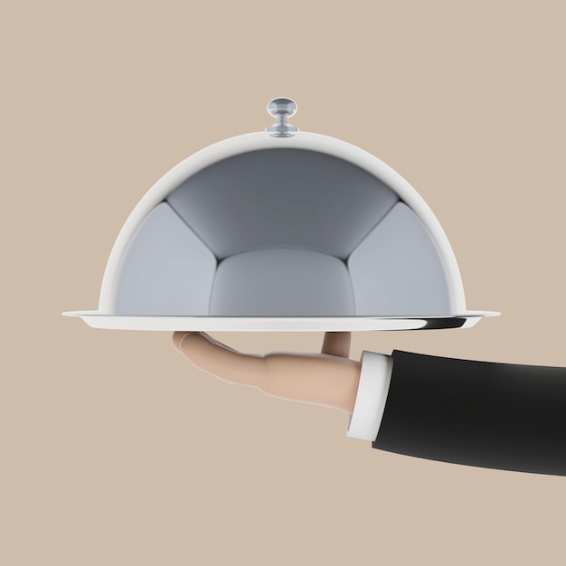 Cartoon waiter hand with a tray. 3d illustration.