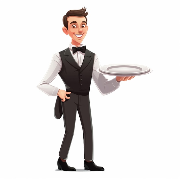 Photo cartoon waiter holding a silver tray with a white plate on it generative ai