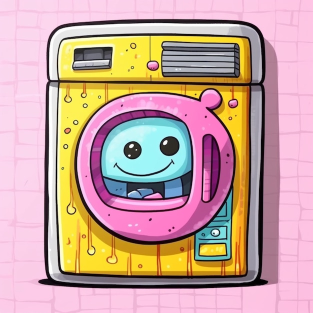 Photo cartoon washing machine with a pink face and a pink door generative ai