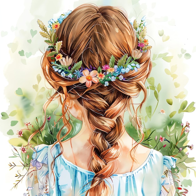 cartoon watercolor back view oh girl hair with floral spring wreath