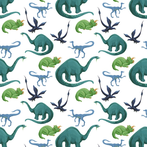 Cartoon watercolor dinosaurs seamless pattern. Cute hand drawn acrylic dinosaurs texture. 