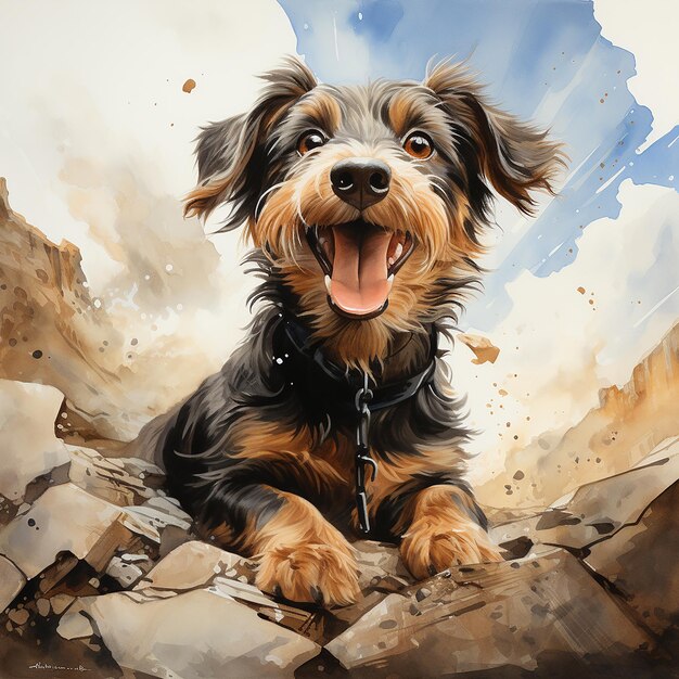 Cartoon Watercolor Dog in the Air Playful Aerial Perspective