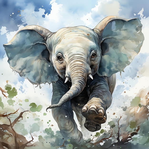 Cartoon Watercolor Elephant in the Air Playful Aerial Perspective