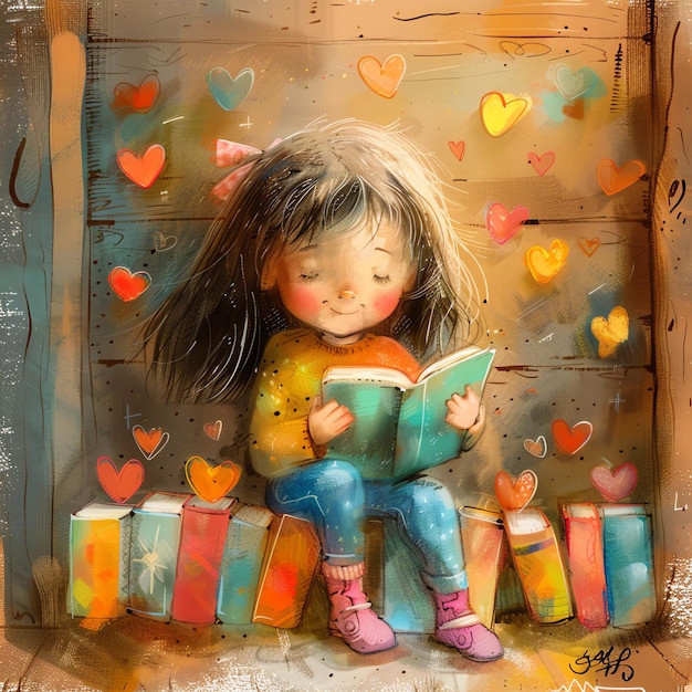 cartoon watercolor girl reading