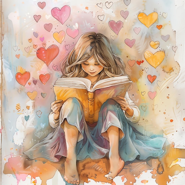 cartoon watercolor girl reading