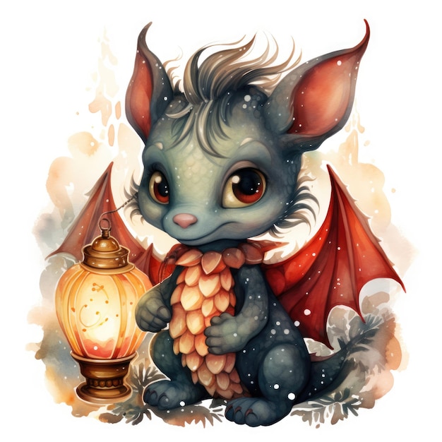 Cartoon watercolor illustration of a cute little dragon with a lantern