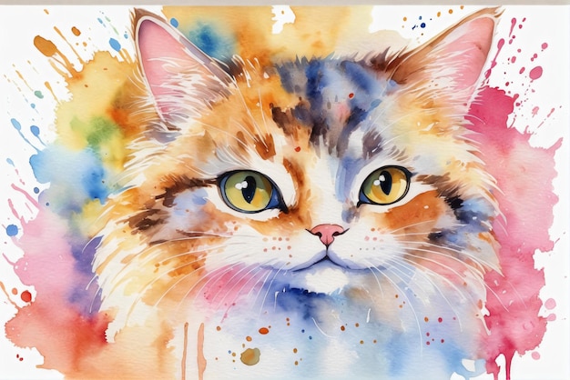 Photo cartoon watercolor painting of a cat or kitten with colorful colors in various poses