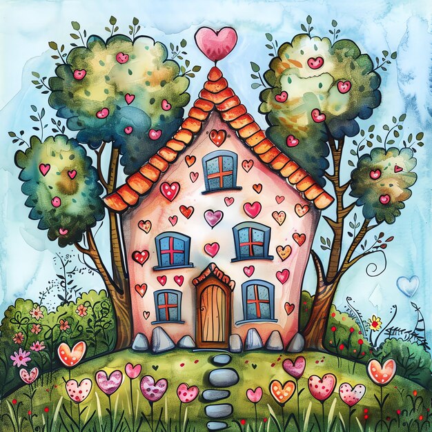 Photo cartoon watercolor spring house