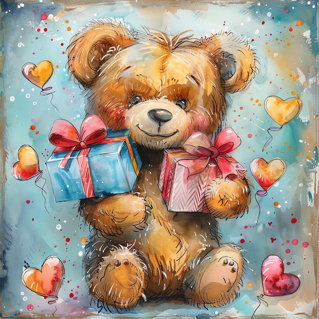 cartoon watercolor teddy bear with gifts