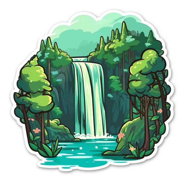 a cartoon waterfall surrounded by trees and water generative ai