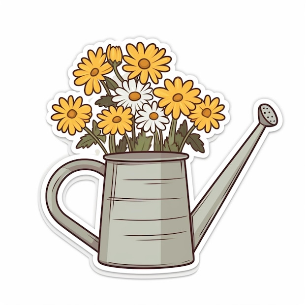 a cartoon watering can with flowers in it on a white background generative ai