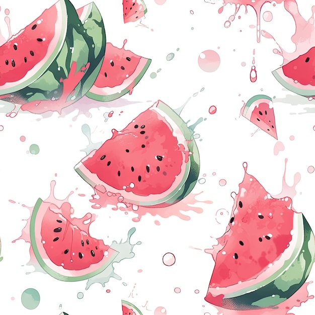 Cartoon watermelon pattern green and pink colors paint splashes