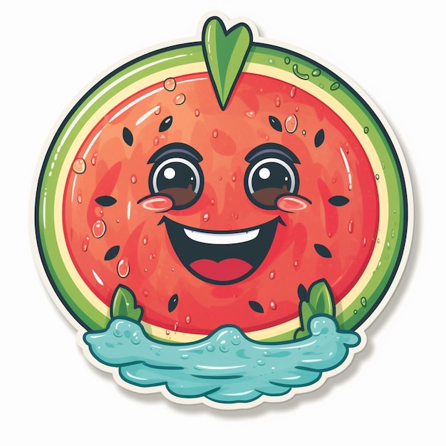 cartoon watermelon with a green leaf sticking out of its mouth generative ai