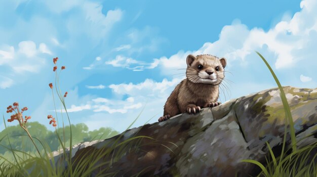 Cartoon Weasel On Rock realistisch landschap met zachte randen