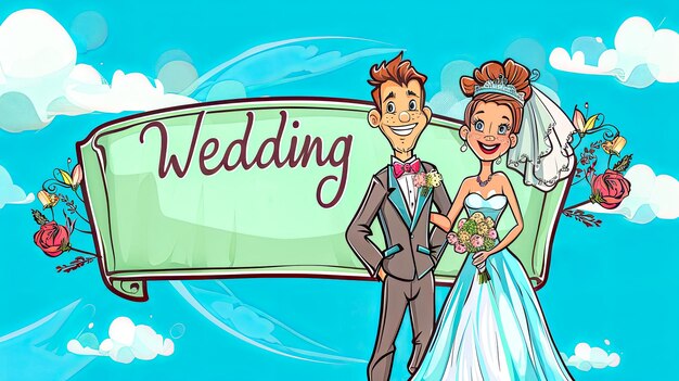 バナーを掲げた漫画の結婚式のカップル