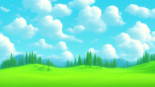 Foto cartoon weidelandschap zomer groene velden bekijken lente gazon heuvel en blauwe lucht