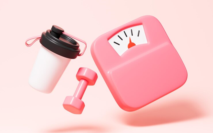 Photo cartoon weight scale sport cup and dumbbells health and exercise concept 3d rendering