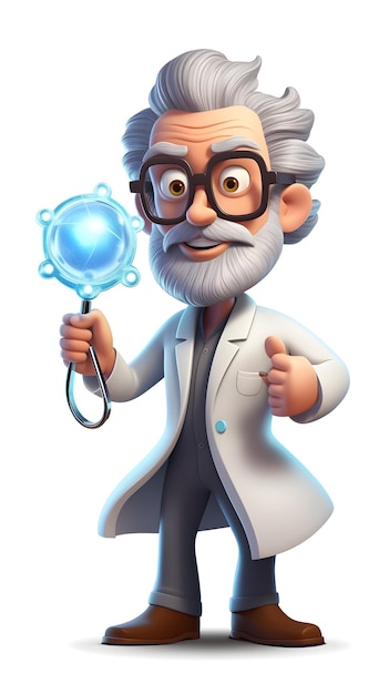 Cartoon wetenschapper met een blauw schild met een duim omhoog.
