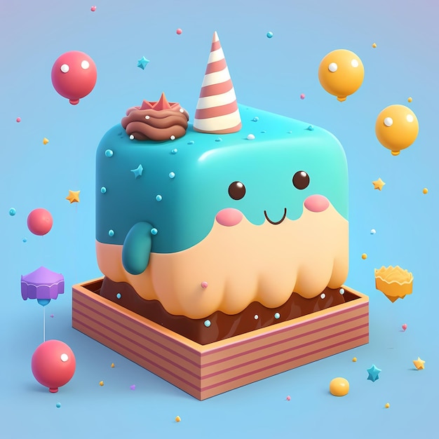 A cartoon of a whale cake with a blue tail and a candy bar on top.