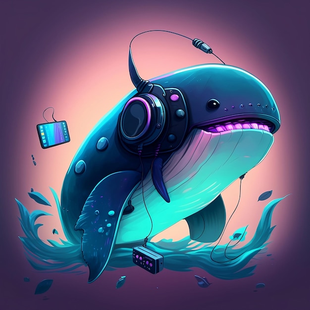 A cartoon of a whale with headphones and a phone