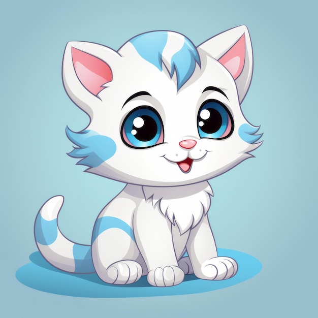 a cartoon white and blue cat with big eyes