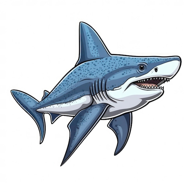 Карикатура белой и голубой акулы с открытым ртом, изолированная на белом фоне