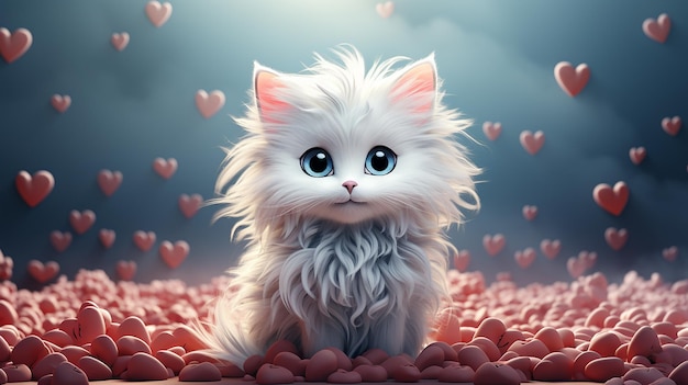 Photo cartoon white cat with heart room for copy generation