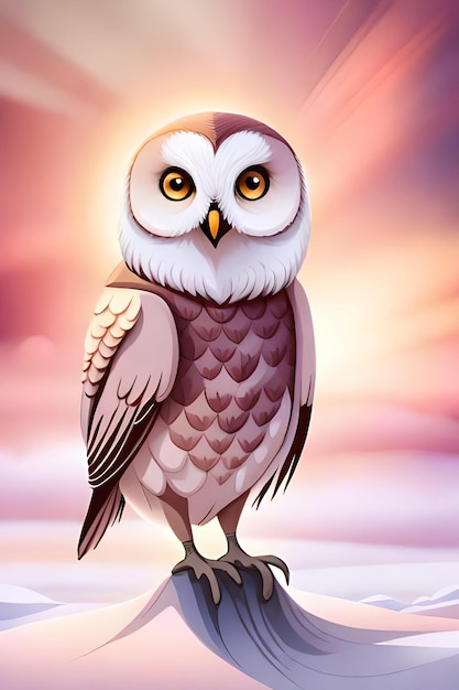 A cartoon of a white owl with yellow eyes.