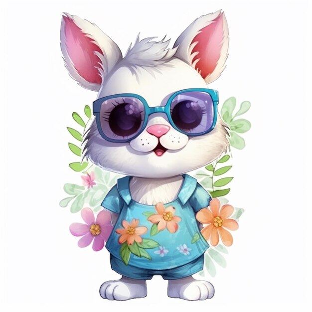 Cartoon white rabbit wearing sunglasses and a blue dress with flowers generative ai