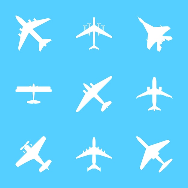 Cartoon white silhouette airplane set different types travel concept element flat design style vector illustration of jet or plane