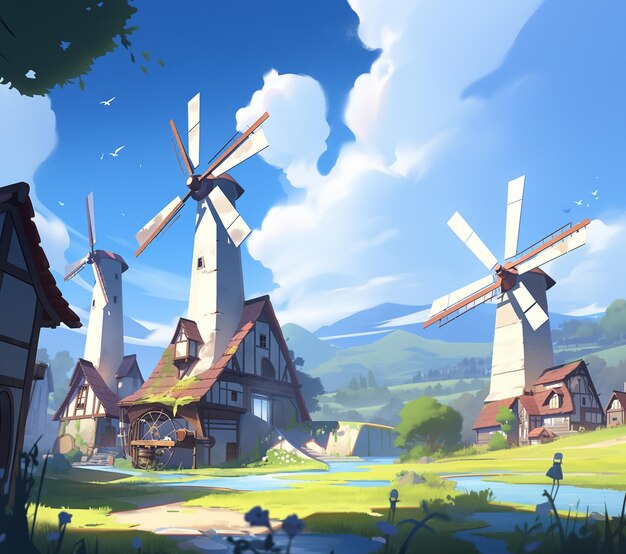 Cartoon windmills in a rural setting with a pond and a house generative ai