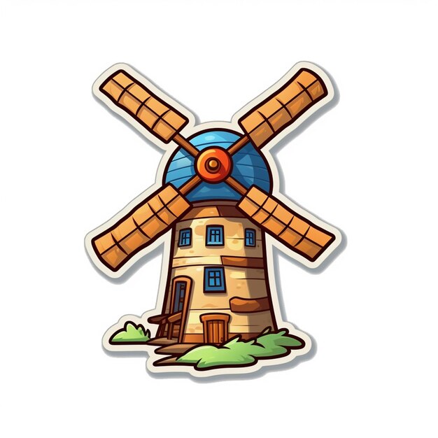 Foto cartoon windmolen met een blauw dak en een bruin dak generatieve ai