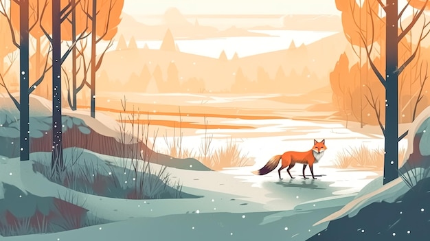 Cartoon winter landscape with fox in forest generative ai