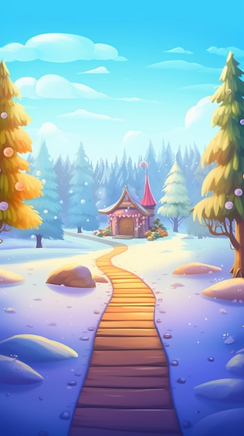Зимний пейзаж мультфильма с деревянной тропой, ведущей к дому
