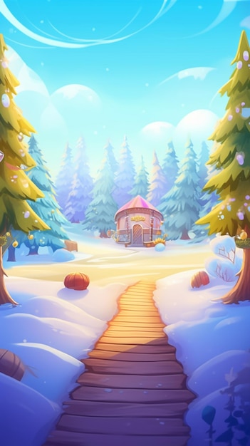 cartoon winterlandschap met een houten pad en een gazebo generatieve ai