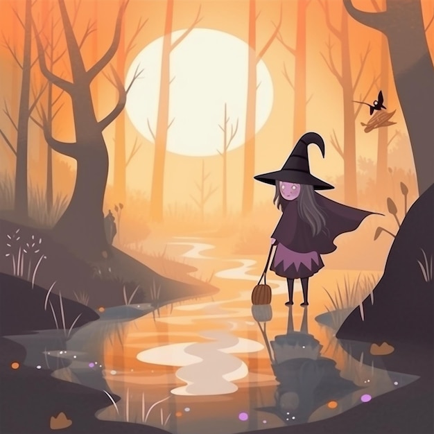 cartoon witch in a forest with a broom and a bucket generative ai