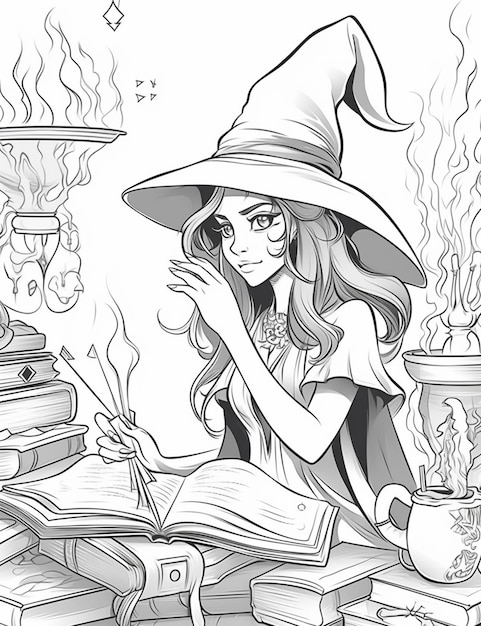 A cartoon witch reading a book while sitting on a table generative ai