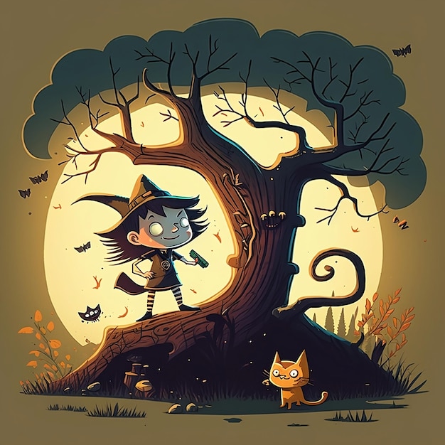 A cartoon of a witch standing next to a tree with a cat on it.