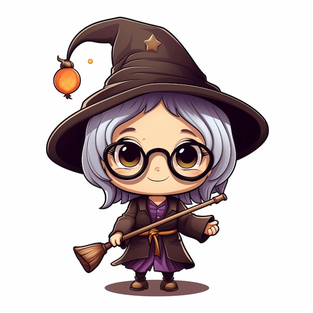 cartoon witch with a broom and a hat generative ai