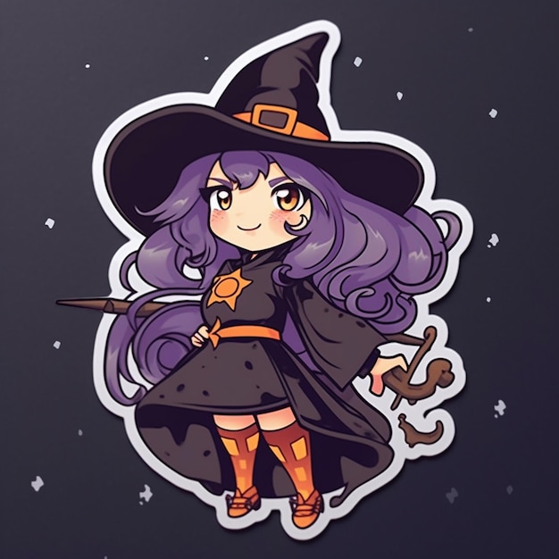 Cartoon witch with a broom and a hat on her head generative ai