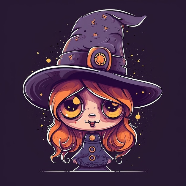 A cartoon of a witch with orange eyes and a black hat.