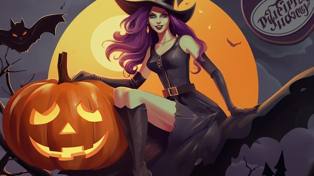 a cartoon of a witch with a pumpkin on her shoulder.