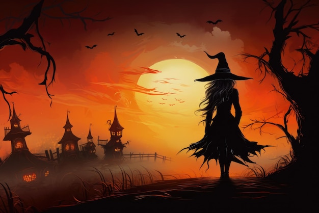 Cartoon witch woman happy halloween spooky night background copy space