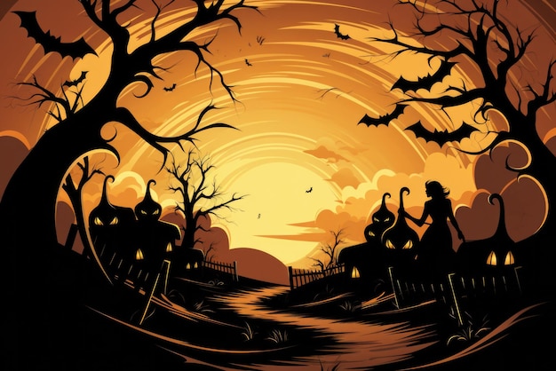 Cartoon witch woman happy halloween spooky night background copy space