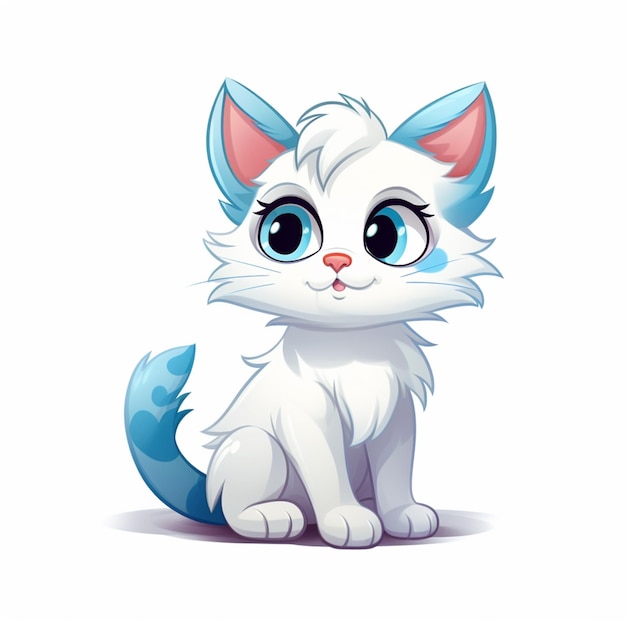 Cartoon witte kat met blauwe ogen zit op een wit oppervlak generatieve ai