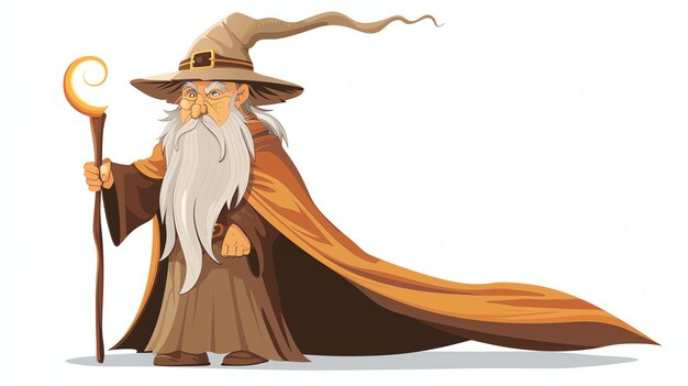 A cartoon wizard with a long white beard and a brown robe stands holding a magic staff